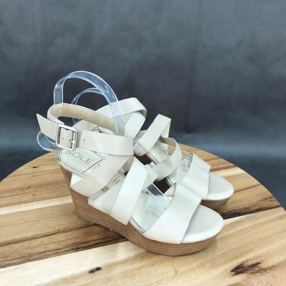 Sole Society Beige Leather Strappy Wedge Platform Adjustable Sandals Womens Sz 6